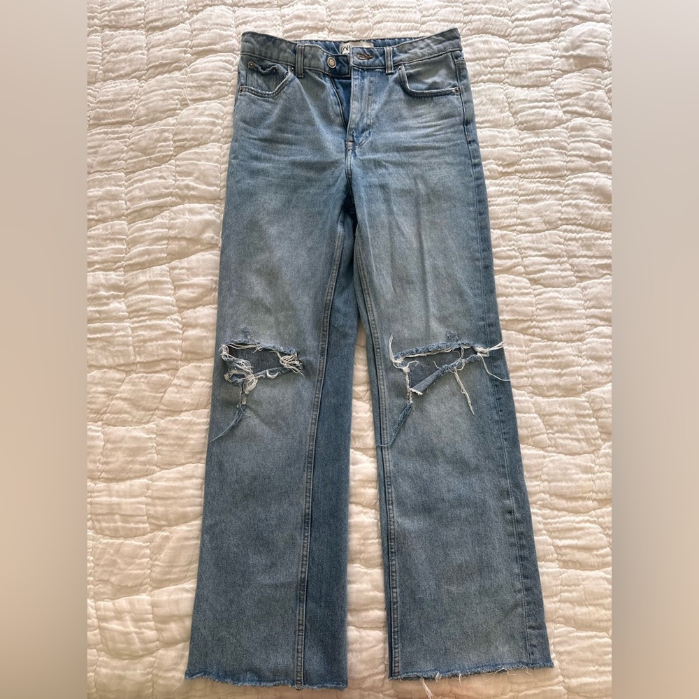 Zara Light Blue Straight Leg Distressed Jeans
